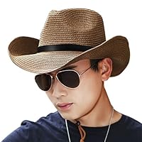 JIAHG Men Cowboy Sun Hat Foldable Straw Hat Classic Western Newsboy Cap Summer Wide Brim Roll Up Raffia Cowboy Hat Fedora Hat with String Sun Visor Beach Sunshade Bucket Outdoor Fishing Safari Hat