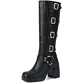 Seborluys Knee High Buckle Boots for Women Square Toe Chunky Block High Heel Pull On Gothic Riding Boots with Fleece Lining