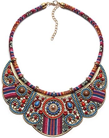 Jewelrydress Women Bohemian Ethnic Personality Unique Handmade Colorful Embroidery Bib Statement Necklace Blue