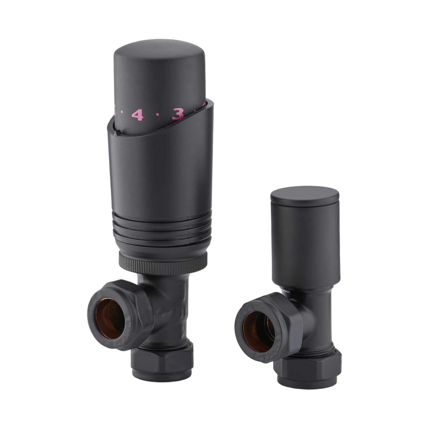 Sandy Beach Radiator Valves Thermostatic Angled Straight with Lockshield - Black 15mm