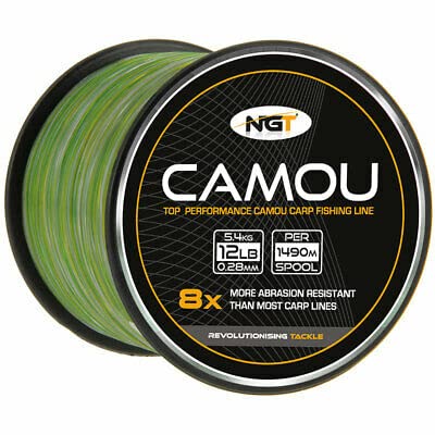 NGT 2 x Bulk Spools Carp & Coarse Fishing Line Camo Colour available in 8lb 10lb 12lb 15lb Breaking Strain (12lb / 5.4kg / 0.28mm - 1490m per spool)