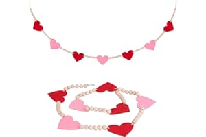 Red Felt Heart Wood Bead Garland Banner Valentine’s Day Decorations for Fireplace Mantle Walls Home Party Decor (Pink&Red)