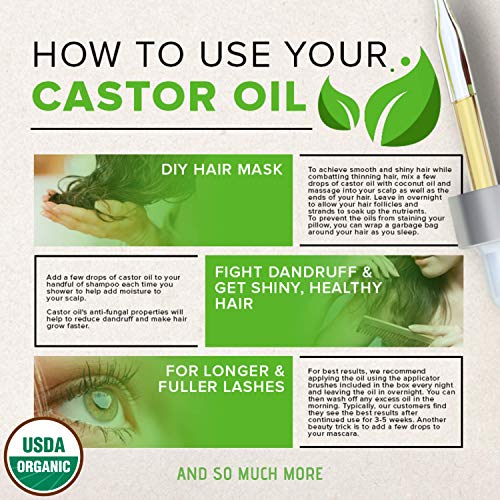 Organic Castor Oil - USDA Certified Organic 100% Pure, Cold-Pressed, Extra-Virgin, Hexane-Free. Best Carrier Oil For Eyelashes, Hair, Eyebrows & Skin (1oz)