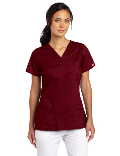 Dickies Scrubs Women's Gen Flex Junior Fit Solid Stitch V-Neck Top, Wine, Small