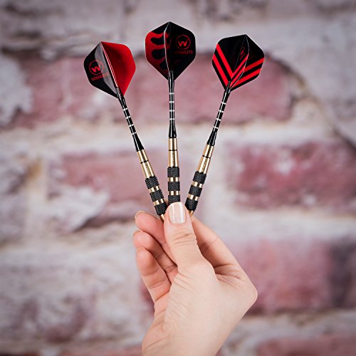 Whimlets Professional Darts Set-6 Steel Tip Darts with Black Aluminium Shafts and 9 Standard Flights+Dart Sharpener+Free eBook+Premium Case, 20 Grams Brass Darts-Perfect for All Levels