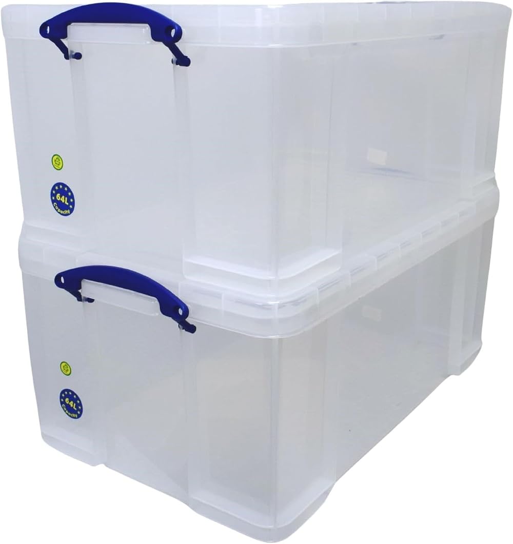 Really Useful Box 64 Litre Storage Box with Lid Pack of 2 Clear