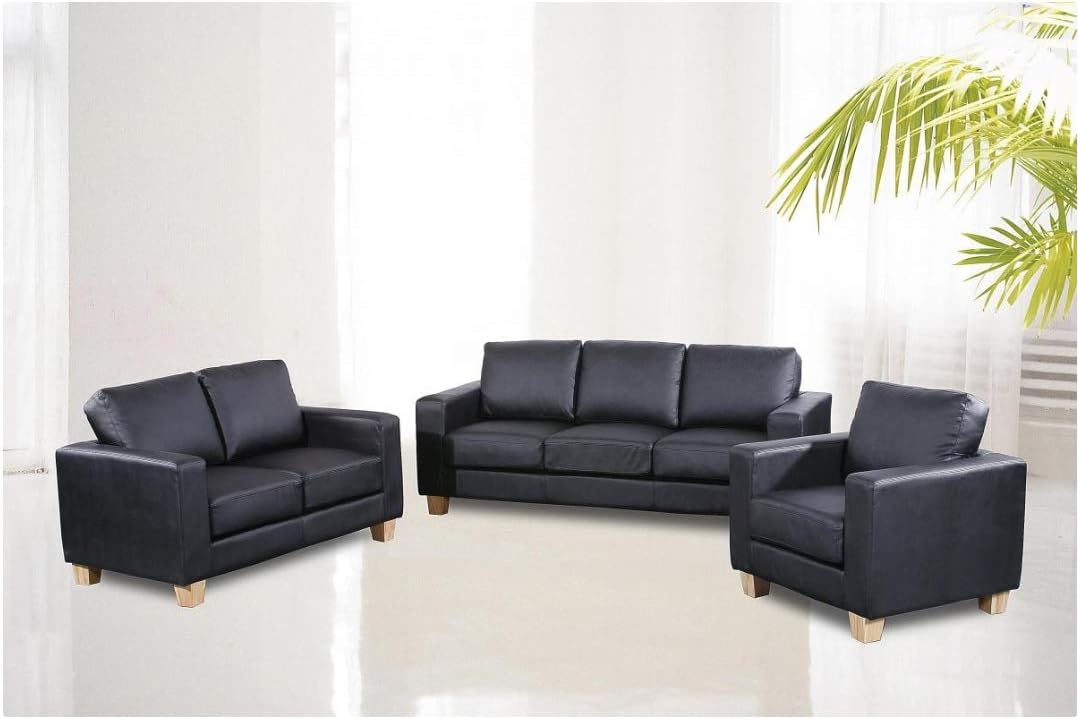 Slough Furniture Chesterfield PU Sofa Suite 3+2+1- PU Black Color - Durable and Comfortable Sofa in a box (Black, One + Two + Three Seater)