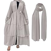 Muslim Chiffon Abaya for Women Open Front Cardigan Modest Dress with Hijab Scarf Middle East Arabian Robe Islamic Long Dress
