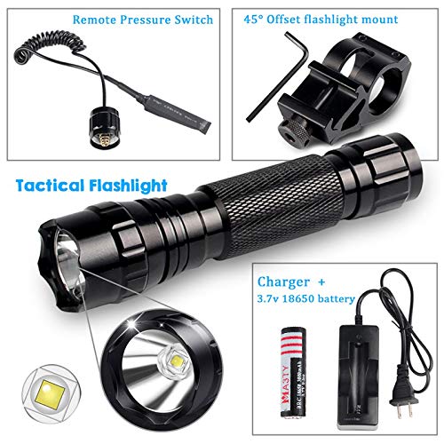 Tactical Flashlight 1200Lumens Zoomable Super Bright LED Rail Light Waterproof with Rechargeable Battery, Pressure Switch, Picatinny Offset Mount for Hunting Camping Outdoors