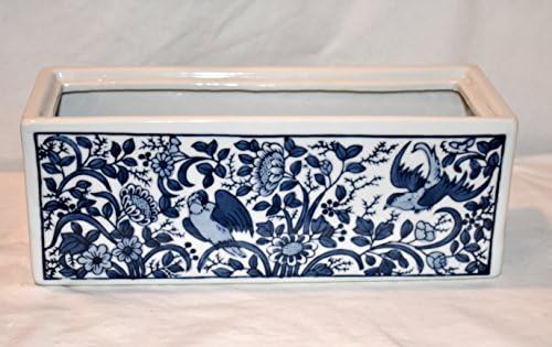 New 11" Oriental Blue & White Ornate Sunflower Flowers & Birds Rectangle Ceramic Planter Pot