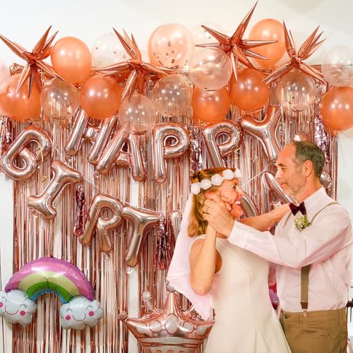 Pink Gold Birthday Party Decorations, Happy Birthday and Love Foil Letters Balloons, Pink Gold Fringe Curtain and Tassels, Stellate and Rainbow Balloons for Princess Party