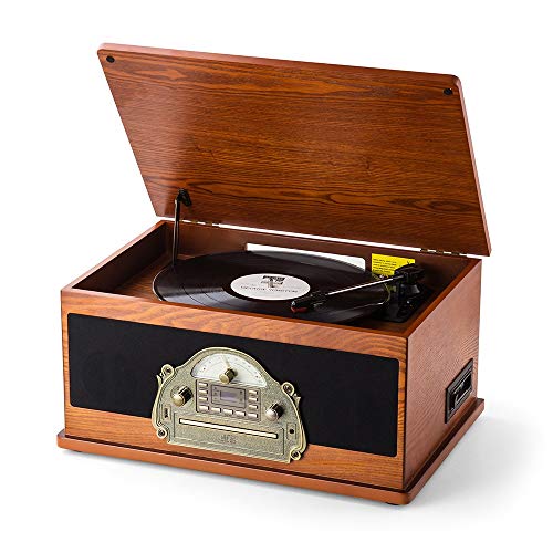 Rcm Nostalgic Wooden 7-in-1 Wireless Vinyl Record Player Music System with Built-in Stereo Speakers, 3-Speed Turntable, FM Radio, CD/Cassette Player, USB for MP3 Play & Recording (MC-263 Brown)