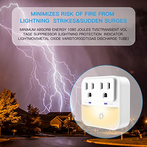Surge Protector, Plug-in Night Light with 2-Outlet Extender, POWRUI Warm White LED Nightlight with Dusk-to-Dawn Sensor for Bedroom, Bathroom, Kitchen, Hallway, Stairs, 3-Pack - Thumbnail 3