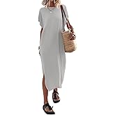 Yousify Women's Summer Maxi Dress T-Shirt Cap Sleeve Crewneck Casual Loose Slit Side Long Beach Vacation Dresses