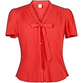 Women's Printed Front Bow tie Button Down Short Sleeve Shirt 1950s Retro Elegant Blouse Tops