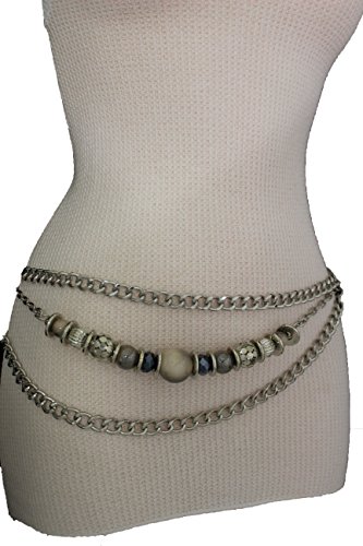 TFJ Women Fashion Belt Side Hip Waist Big Beads Chunky Metal Chain Links Silver S M L