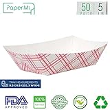 Disposable Paper Food Tray | Red Plaid Kraft | Taco Basket, Hot Dog Boats, French Fry Holders, Serving Boat | for Parties, Fast Food, Snack Eating | USA Made, Recyclable | Bulk 50pc | X Large