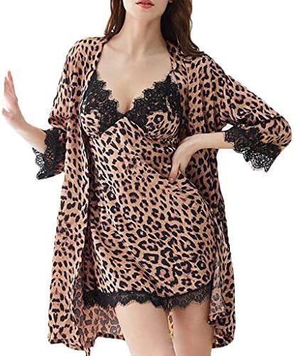 Leopard Chemise for Women Sexy Home Sleep Lingerie Bathrobe Lace Strap V Neck Nightdress Sleepwear