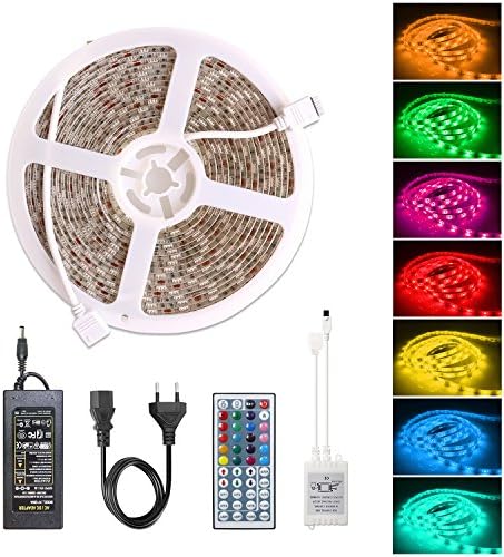 Led Strip Lights Raylix SMD 5050 16.4Ft (5M) 300leds RGB 60leds/m with 44key Ir Controller and Power Supply for Christmas Party Wedding Festival Holiday Shows Commercial Building Shopping Center.