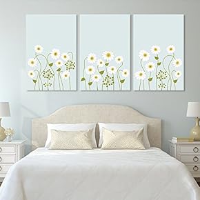 3 Panel Canvas Wall Art - Small White Flowers on Light Green Background - Giclee Print Gallery Wrap Modern Home Art Ready to Hang - 16"x24" x 3 Panels