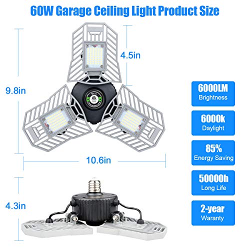 2-Pack Garage Lighting Led Adjustable Light 60W Tribright Garage Light 6000Lumens Triple Glow Led Garage Lights Deformable Lamp CRI80 6000K Shop Light for Garage Basement (No Motion Sensor) - Thumbnail 7