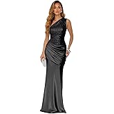 WENKAFO Sparkly Sequins Mermaid Prom Dress 2026 for Women Long Satin One Shoulder Asymmetrical Pleated Formal Evening Gown