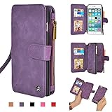 iPhone Wallet Case, Premium PU Leather Zipper Cellphone Purse [Card Slots] [Stand] [Wrist/Shoulder Strap] Detachable Cover for iPhone