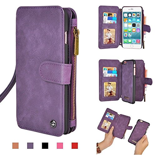 iPhone Wallet Case, Premium PU Leather Zipper Cellphone Purse [Card Slots] [Stand] [Wrist/Shoulder Strap] Detachable Cover for iPhone