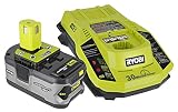 Ryobi P108 One+ 18V 4.0AH Lithium Ion Battery and P117 One+ Dual Chemistry Lithium Ion and NiCad Battery Charger (2 Piece Combo Set) (Renewed)