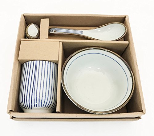 Japanese Traditional Tokusa Pattern Dinnerware Set for 1 with Ceramic Rose Bowl Sushi Restaurant Tea Cup Ceramic Spoon and Ceramic Chopsticks Rest Holder Gift Set Tableware Starter Kit (Blue)