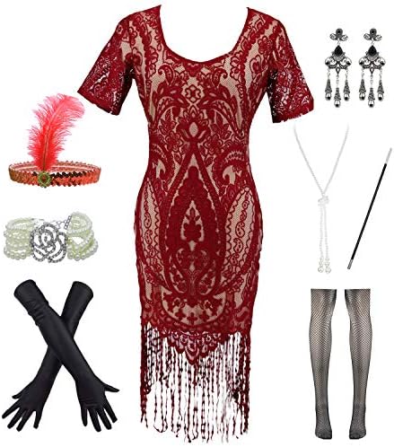 Womens Vintage Lace Fringed Gatsby 1920s Cocktail Dress with 20s Accessories Set