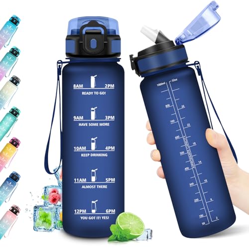 KollyKolla Water Bottle, 1 Litre, Water Bottle with Time Marking, Leak-Proof, Drinking Bottle with Straw, BPA-Free, Sports Bottle for Fitness, Bike, Office, School, Outdoor, Adults, Bubble Suitable
