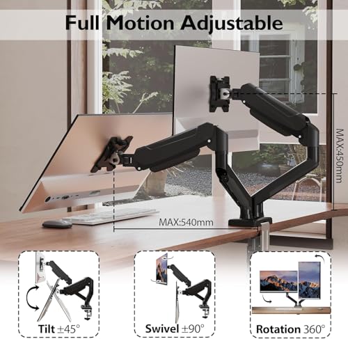 BONTEC 2 x Articulated Gas Spring PC Monitor Arm, Dual PC Monitor Arm Compatible with 13-32 Inch Monitors, Capacity 3-9 kg, Rotation 360°, Tilt ±90°, Pivot±90°, VESA 75/100 mm