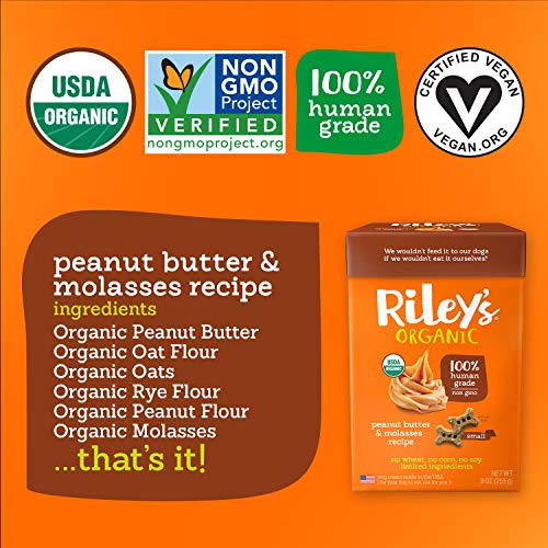 Riley's Organic Dog Treats - Small Bone Peanut Butter & Molasses Dog Treats - USDA Organic, Certified Vegan and Non GMO Project Verified Dog Biscuits - 100% Human Grade - 9 Oz Carton