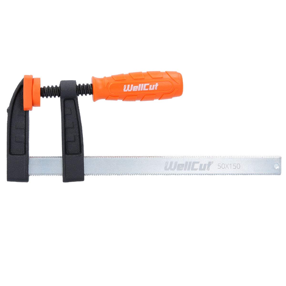 WELLCUT Heavy Duty Non-Slip Mechanism Soft Jaw Cap Anti-Scratch S2 Steel Quick Slide Woodworking F Bar Clamp with Ergonomic Grip Handle 50X150, Clamping Force 120 kg