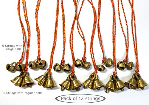 AzKrafts Mini Brass Hanging Bells on String I Hanging Sleigh Bells, Regular Bells, Combo Bells, for Home Decor I Indian Hanging Jingle Bells on Braided String (6" String, 12 Pack, Sleigh+Reg Bells)