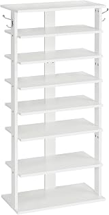 HOOBRO Narrow Shoe Rack Wooden 8-Tier with 2 Hooks White