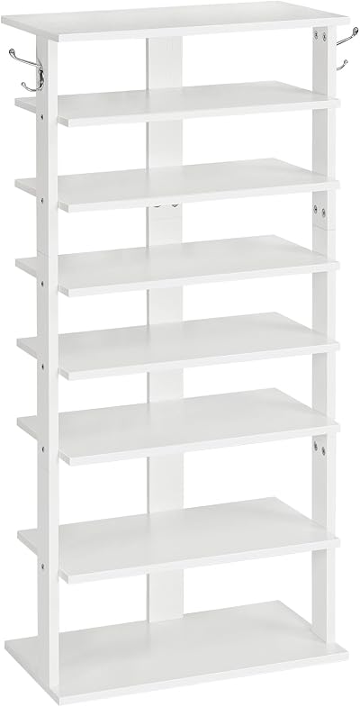 HOOBRO Narrow Shoe Rack Wooden 8-Tier with 2 Hooks White