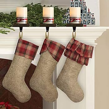 Ivenf Christmas Stockings, 3 Pcs 21 inches Burlap Extra Large Plaid Imitated Stockings, for Family Holiday Xmas Party Decorations