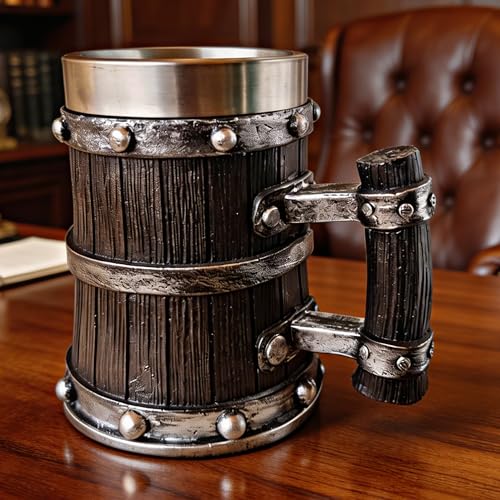 Medieval Viking Wooden Beer Stein, 304 with Stainless Steel Liner,Nordic Viking Runes Tankard Coffee Cup Home Decor, Capacity 20 OZ (Black) Men Father’s Day Gift | Beer Mug | Dubai Souvenir
