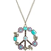Pregeckit Bohemian Hippie Style Peace Sign Necklace Peace Sign Pendant Necklace for 60s 70s Party Accessories Wearing Jewelry By The Seaside (Purple flower)