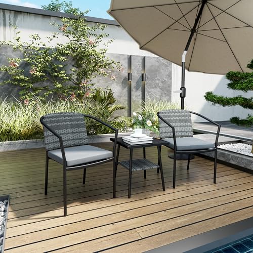 Outsunny 3 Piece Wicker Patio Furniture Set, PE Rattan Bistro Set with Armchairs, 2-Tier Glass-Top Table, Cushions, Outdoor Conversation Furniture for Porch, Balcony, Dark Grey