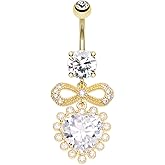 Pierced Owl 14GA Stainless Steel Bow and CZ Crystal Heart Dangling Belly Button Ring