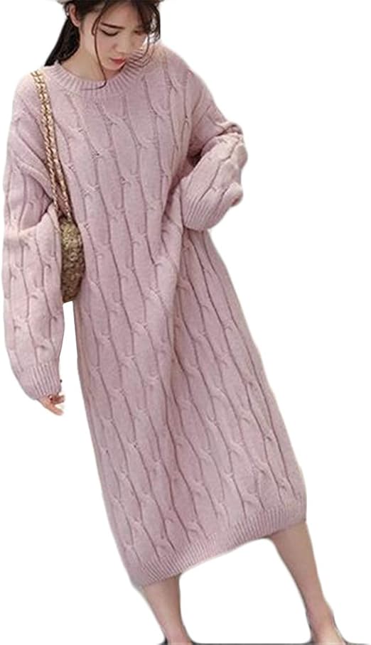 Amazon Co Jp ジャンーウェ ニットワンピース ニットセーター クルーネック インナーワンピース ロング丈 ゆったり ケーブル編み ストレッチ 無地 可愛い ピンク 服 ファッション小物