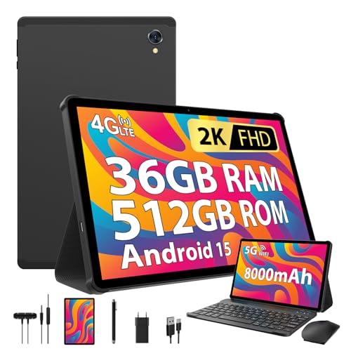 PIXGOOD 2K Android 15 Tablets, 36 GB RAM+512 GB ROM (2TB TF), 4G LTE + 5G WiFi, 10.6 Inch Tablet, Octa-Core, 2000 x 1200 FHD, 8000 mAh, 13 MP+8 MP, GPS, Tablet with Keyboard ect (Black)