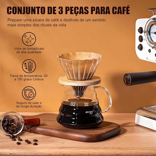 Kit Cafeteira 600ml, 120 Filtros v60, Cafés Jarra Vidro Borosilicato, Coador v60, Coador de Cafe Vidro, Clever Dripper, Kit Cafeteira Filtrador V60 Coador de Café Passador de Café