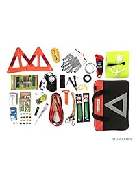 Blikzone 81 Pc Kit de emergencia de asistencia en carretera, camión y caravana, con kit de reparación de neumáticos • Cables de puente • Compresor de aire portátil • Correa de remolque • Triángulo de emergencia