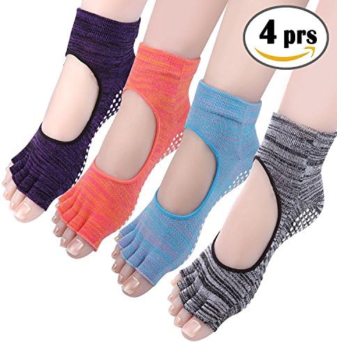 Lweisty 4 Pairs Yoga Socks, Pilates &amp; Barre Socks, Toeless Non Slip Skid Barre Sock With Grips For Women One Size