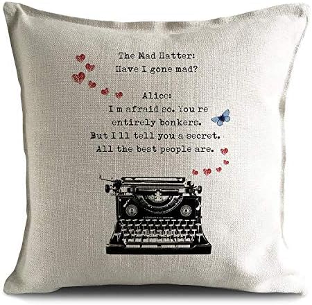saletopk Alice in Wonderland Mad Hatter Tea Party Cushion Cover Bonkers Hearts Typewriter