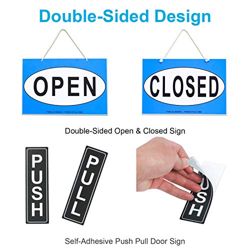 Business Hours Sign, Open Closed Push Pull Door Signs Kit - Vinyl Number Stickers & 2 Adhesive Hooks Included, Perfect for Business Store Bar Office Window